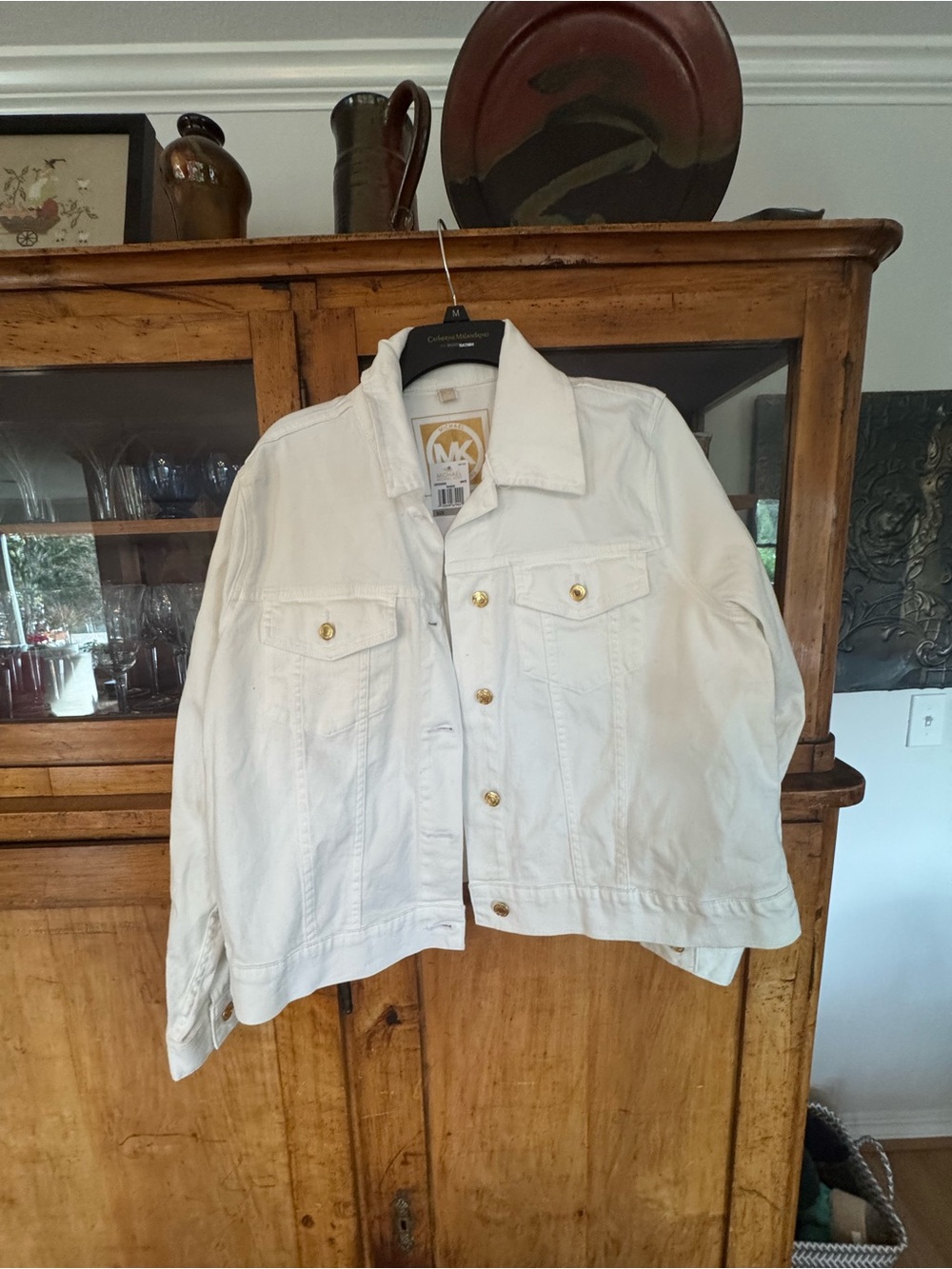 Michael Kors White Denim Jacket with Gold-Tone Buttons 1X NWT $130